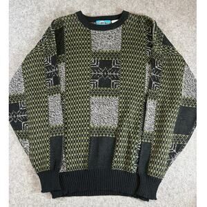 Vintage 80s Sweater Mens Green Geometric Pullover Grandpa Large Cottagecore